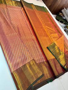 Classic Peach & Green Elegance Kanchipuram Tissue Handloom Silk Saree SS24514