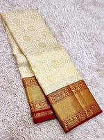 Load image into Gallery viewer, Classic Offwhite &amp; Brick Red 2gm Zari Bridal Elegance Kanchipuram Handloom Silk Saree SS25552
