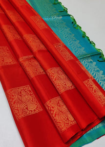 Red & Peacock Green Elegance Handloom Soft Silk Saree SS22259