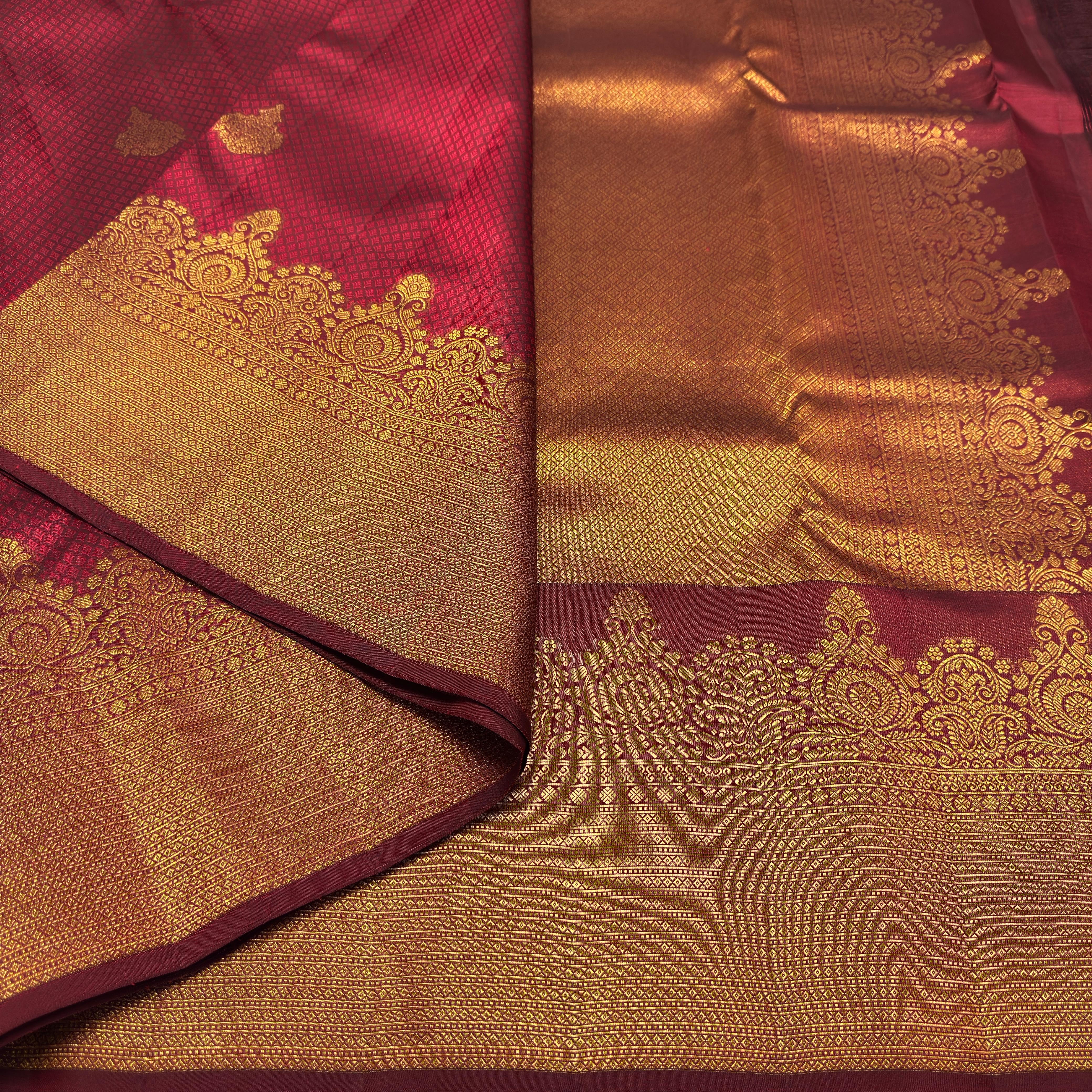 Classic Brick Red 2gm Zari Temple Bridal Elegance Kanchipuram Handloom Silk Saree SS26579
