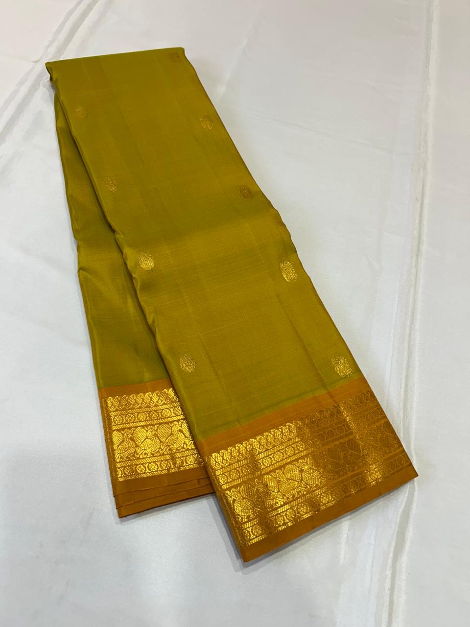 Classic Olive Mustard & Caramel Brown 2gm Zari Elegance Kanchipuram Handloom Silk Saree SS24084