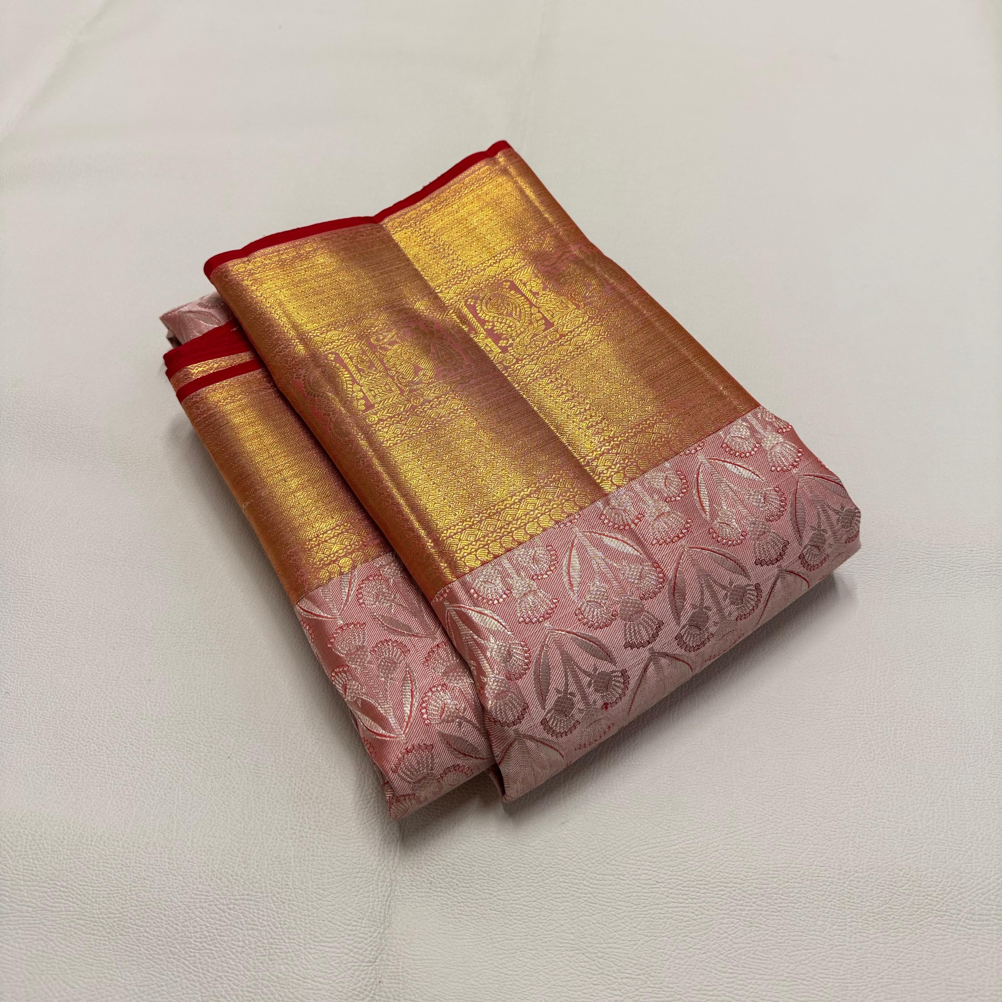 Classic Pastel Pink & Chilli Red Korvai Zari 1gm Zari Bridal Elegance Kanchipuram Handloom Silk Saree SS26057