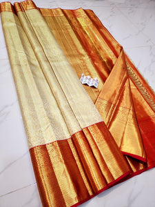 Classic Pearl Cream & Dark Red Bridal Elegance Kanchipuram Handloom Silk Saree SS25711