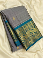 Load image into Gallery viewer, Classic Silver Grey &amp; Teal Blue 2gm Zari Elegance Kanchipuram Handloom Silk Saree SS24699
