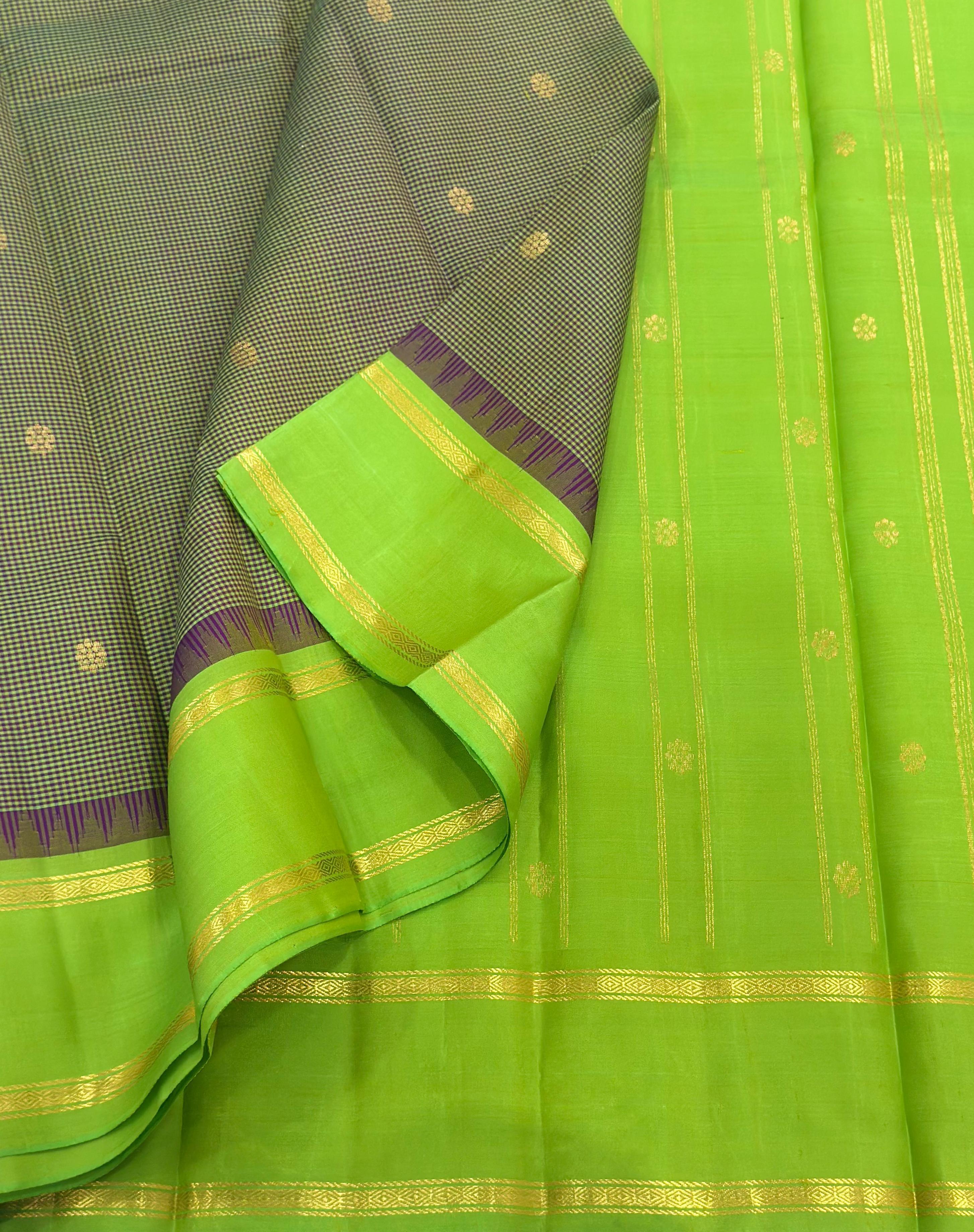 Classic Olive Green & Lime Green 1gm Zari Kanchipuram Handloom Silk Saree SS26393