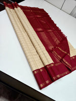 Load image into Gallery viewer, Classic Banana Cream &amp; Ruby Red 2gm Zari Korvai Elegance Kanchipuram Handloom Silk Saree SS28091
