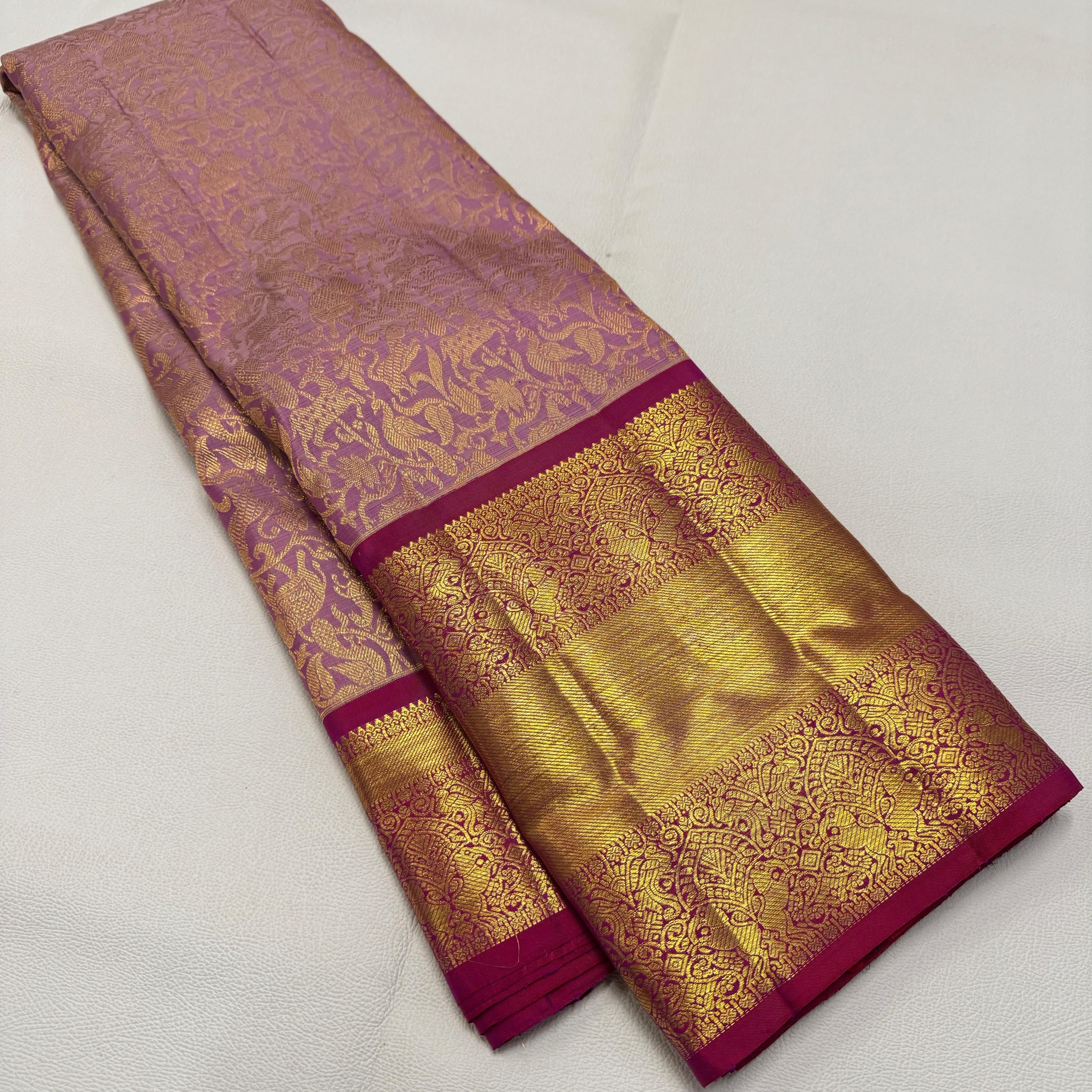 Classic Creamy Pink & Deep Pink 2gm Zari Vanasingaram Bridal Elegance Kanchipuram Handloom Silk Saree SS25935
