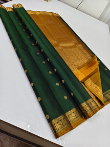 Deep Bottle Green & Mustard Yellow Kanchipuram Handloom Soft Silk Saree SS22678