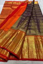 Load image into Gallery viewer, Classic Dark Plum &amp; Orange 3gm Zari Elegance Kanchipuram Handloom Silk Saree SS27257
