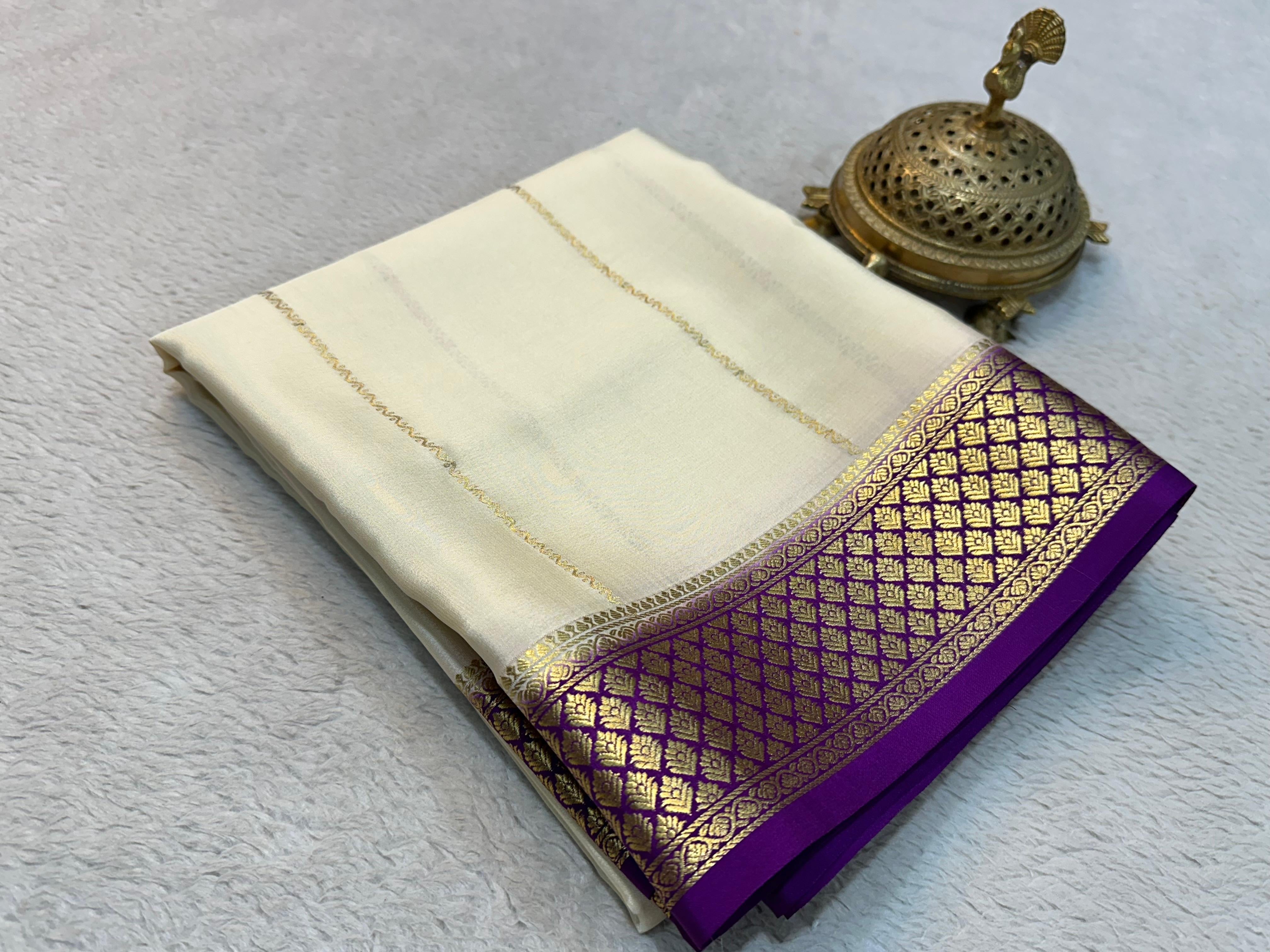 Classic Butter Cream & Purple Elegance Mysore Silk Saree SS24648