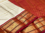 Load image into Gallery viewer, Classic Butter Cream &amp; Crimson Red 2gm Zari Beldari Korvai Bridal Elegance Kanchipuram Handloom Silk Saree SS28367

