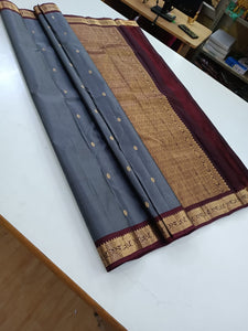 Pastel Grey & Mahogany Red Kanchipuram Handloom Silk Saree SS25866