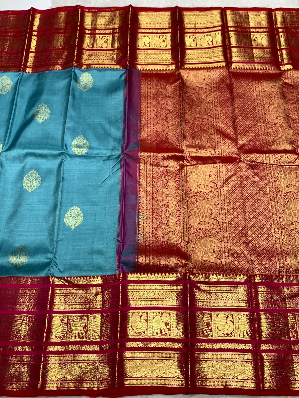 Classic Teal Green & Pink 2gm Zari Bridal Elegance Kanchipuram Handloom Silk Saree SS25274