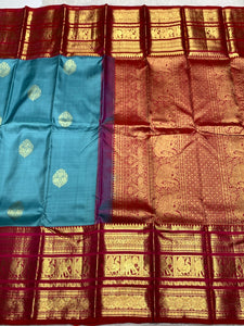 Classic Teal Green & Pink 2gm Zari Bridal Elegance Kanchipuram Handloom Silk Saree SS25274