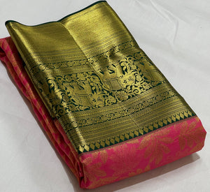 Classic Rose & Bottle Green 2gm Zari Brocade Bridal Elegance Kanchipuram Handloom Silk Saree SS23646