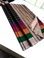 Load image into Gallery viewer, Classic Charcoal Black &amp; Ash Grey Checker 2gm Zari Elegance Kanchipuram Handloom Silk Saree SS28649
