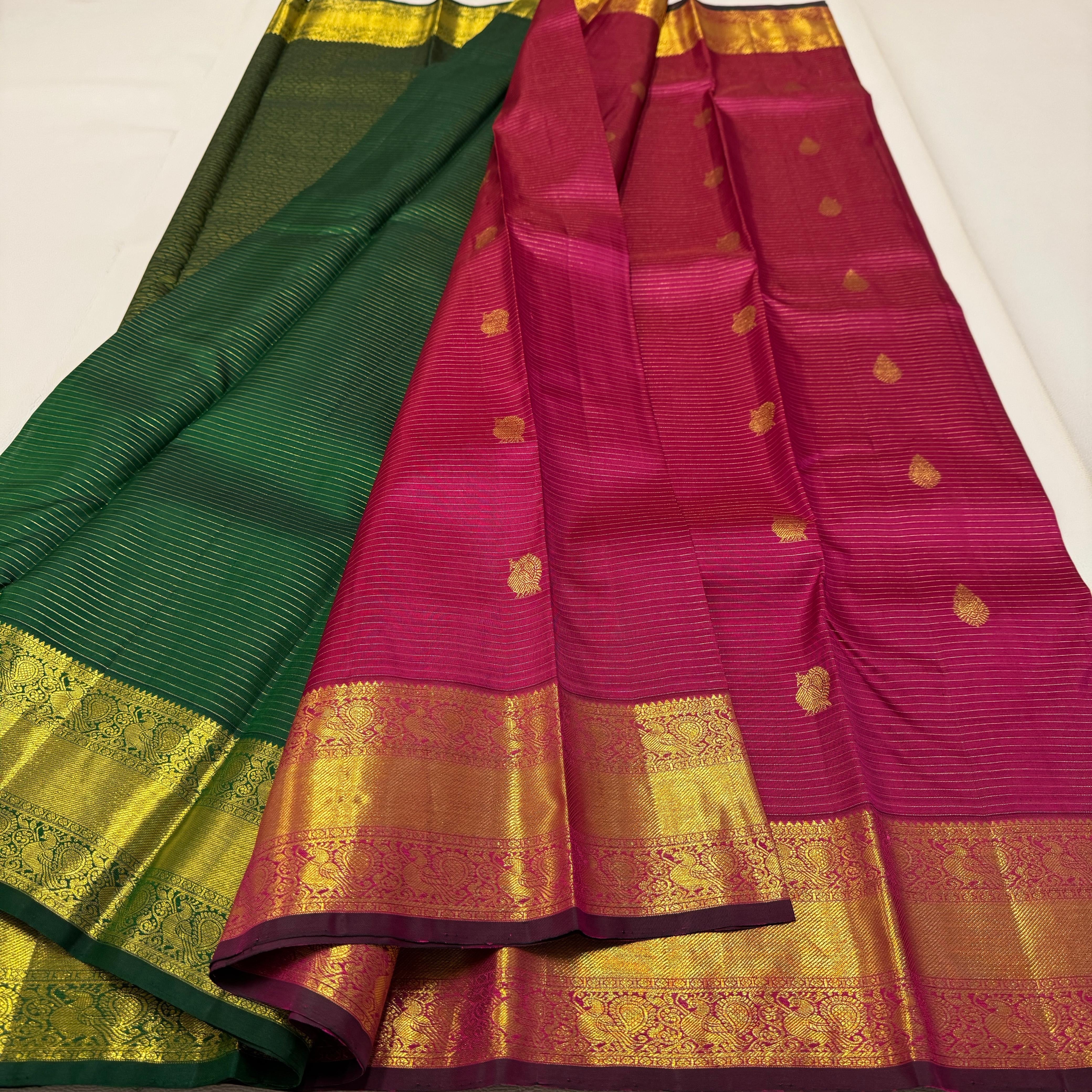 Classic Dark Pink & Green 2gm Zari Vaira Oosi Kattam Kanchipuram Handloom Silk Saree SS26060