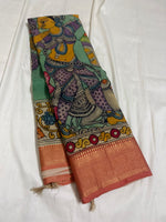 Load image into Gallery viewer, Classic Pen Kalamkari Floral Green Orange Elegance Banglore Silk Saree SS27823
