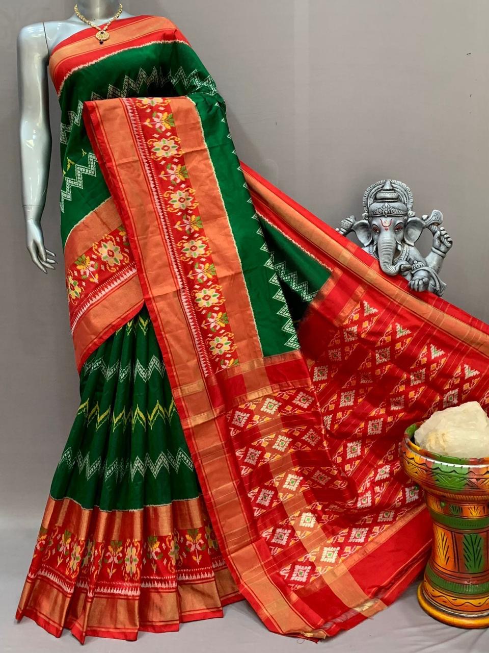 Classic Bottle Green & Orange Ikkat Elegance Handloom Soft Silk Saree SS23120