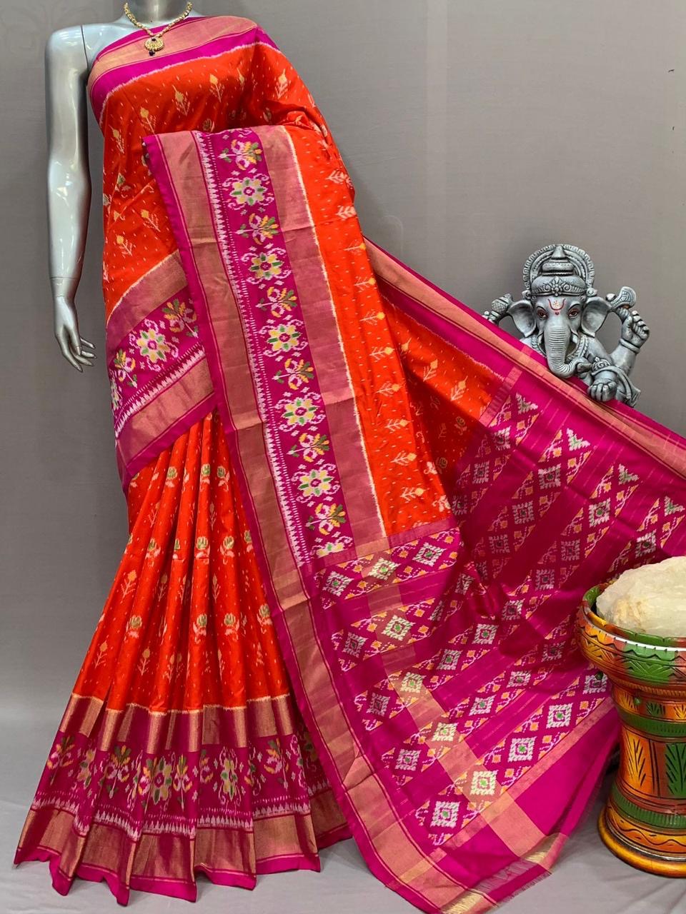 Classic Orange & Deep Pink Ikkat Elegance Handloom Soft Silk Saree SS23122