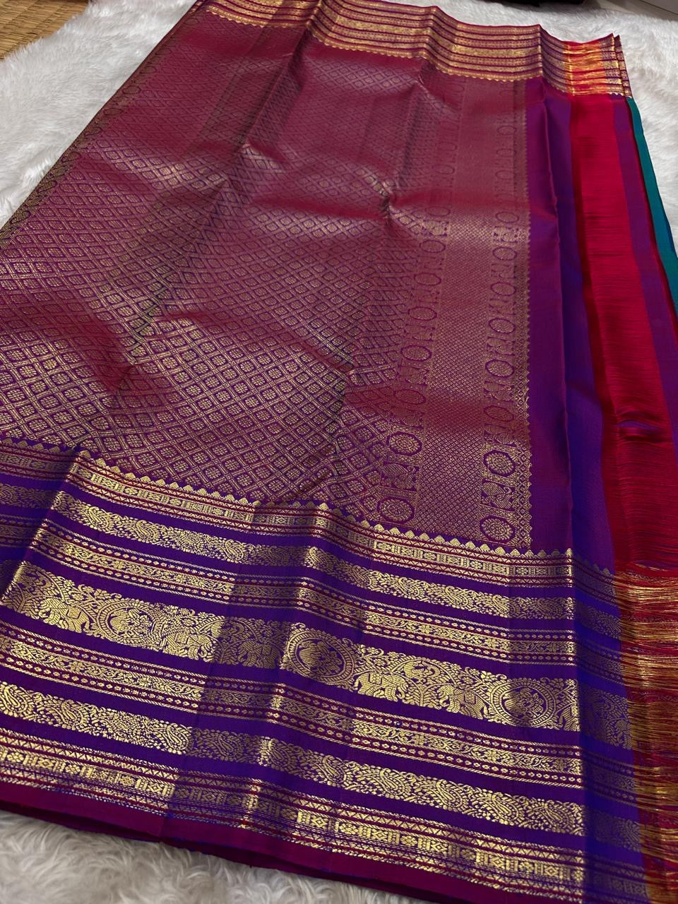 Classic Azure Blue & Dark Wine Pink Kanchipuram Handloom Silk Saree SS26090