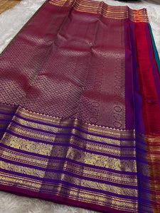 Classic Azure Blue & Dark Wine Pink Kanchipuram Handloom Silk Saree SS26090
