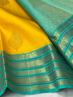 Load image into Gallery viewer, Classic Sunny Yellow &amp; Turquoise Green 2gm Zari Elegance Kanchipuram Handloom Silk Saree SS24527
