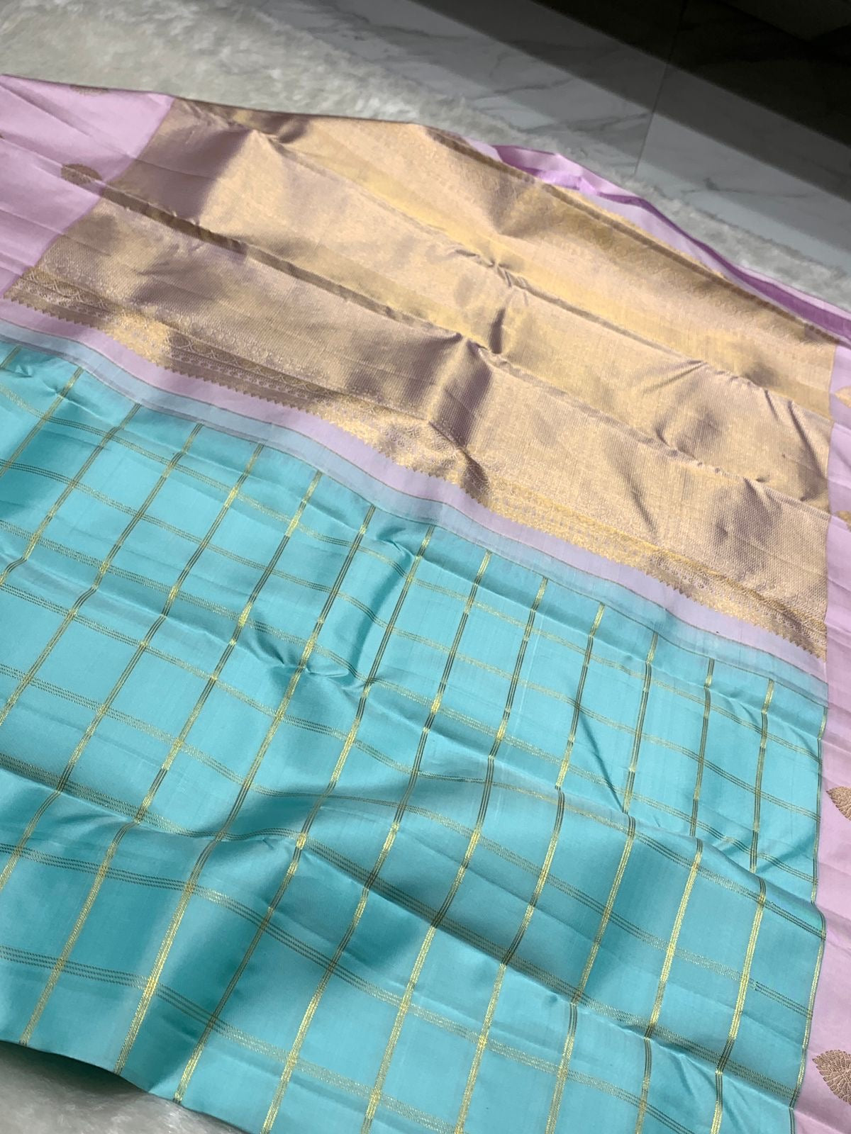 Classic Sky Blue & Lilac Pink 2gm Zari Kanchipuram Handloom Silk Saree SS25929