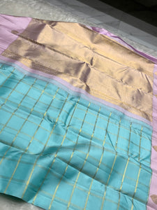 Classic Sky Blue & Lilac Pink 2gm Zari Kanchipuram Handloom Silk Saree SS25929