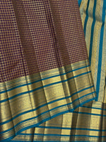 Load image into Gallery viewer, Classic Plum &amp; Teal Blue Beldari Vintage Oosi Checks 2gm Zari Elegance Kanchipuram Handloom Silk Saree SS27205
