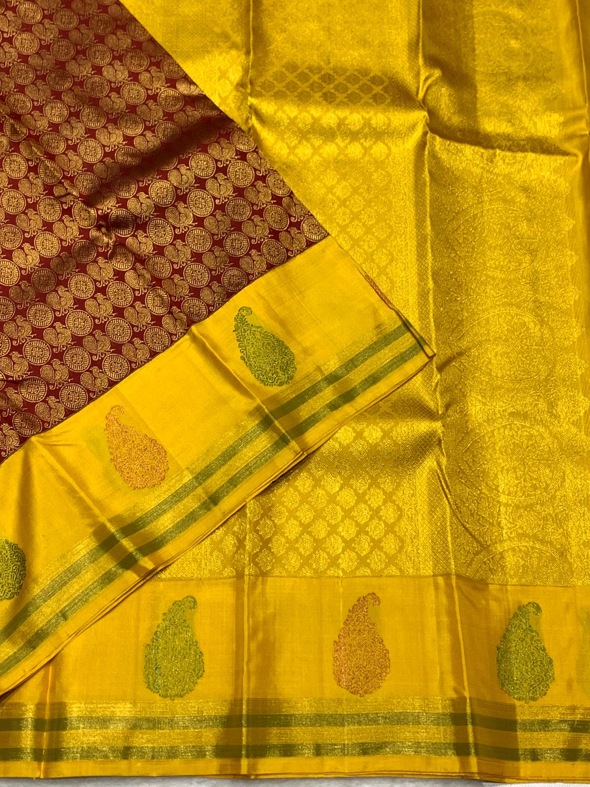 Classic Maroon Red & Sunny Yellow 2gm Zari Bridal Elegance Kanchipuram Handloom Silk Saree SS25834