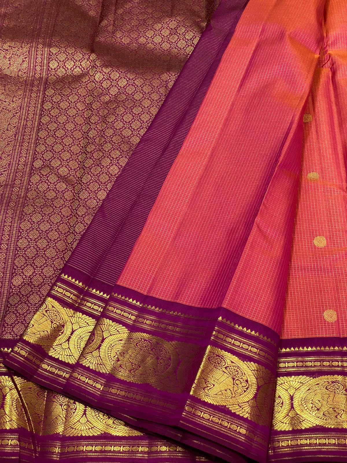 Classic Pinkish Orange & Plum 2gm Zari Vaira Oosi Elegance Kanchipuram Handloom Silk Saree SS25326