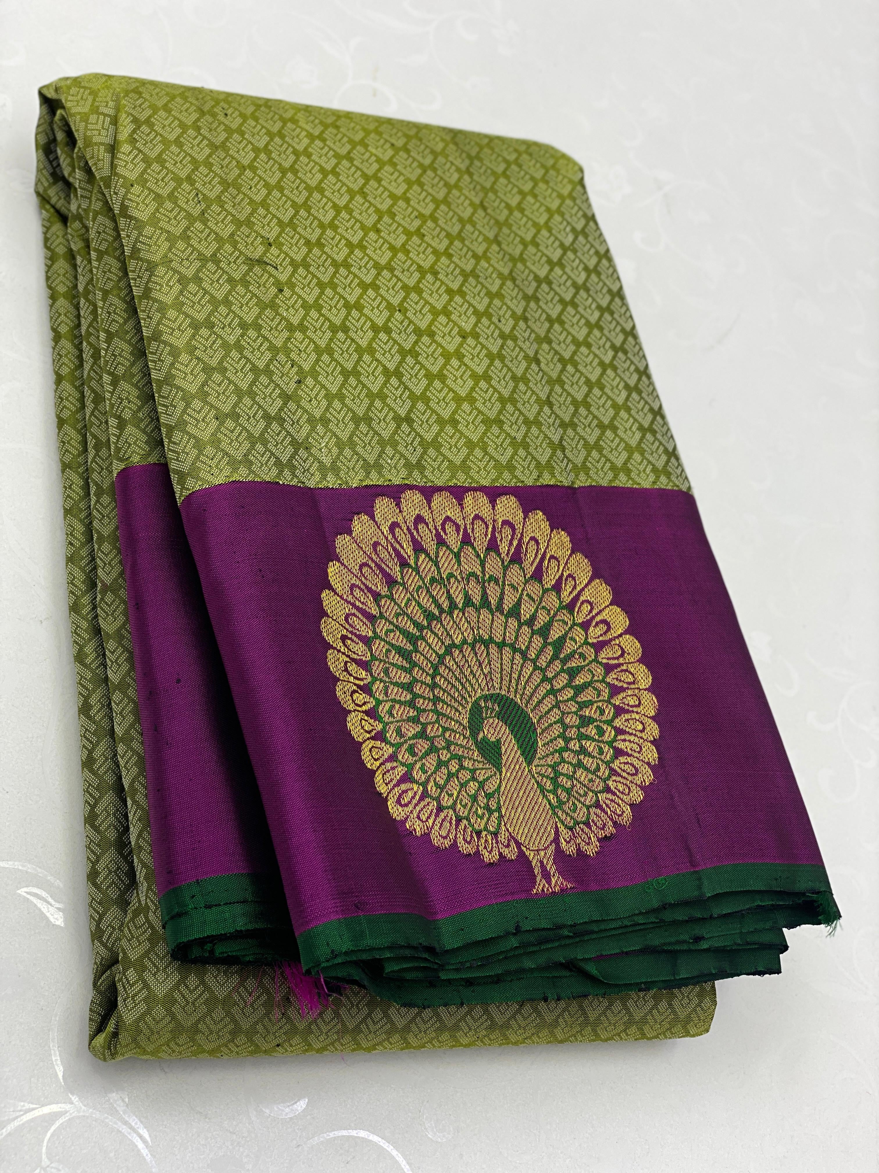 Classic Olive Green & Wine Red 2gm Zari Elegance Kanchipuram Handloom Silk Saree SS24730