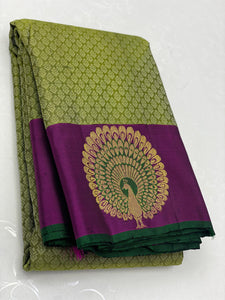 Classic Olive Green & Wine Red 2gm Zari Elegance Kanchipuram Handloom Silk Saree SS24730