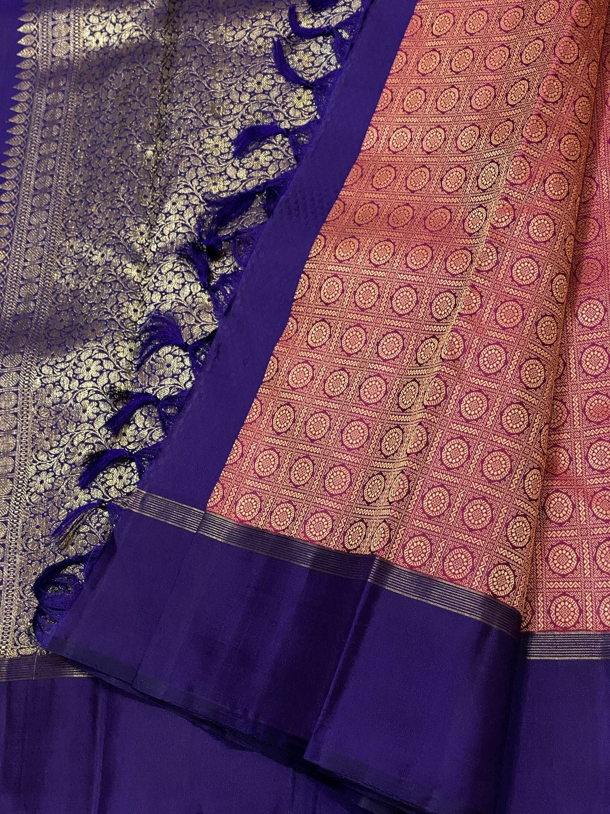 Classic Nude Pink & Navy Blue 2gm Zari Elegance Kanchipuram Handloom Silk Saree SS24687