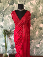 Load image into Gallery viewer, Classic Red Handwork Elegance Chinnon Satin Silk Saree SS24528
