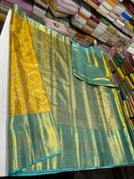 Load image into Gallery viewer, Classic Yellow &amp; Blue Bridal Elegance Kanchipuram Tissue Handloom Silk Saree SS25718
