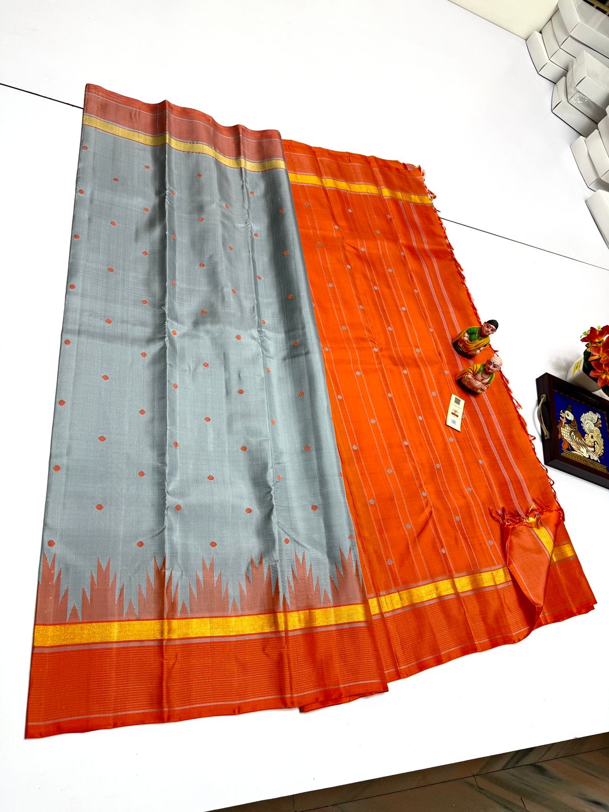 Classic Metallic Grey & Apricot Orange  Korvai Elegance Handloom Soft Silk Saree SS24107