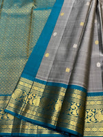 Load image into Gallery viewer, Classic Silver Grey &amp; Teal Blue 2gm Zari Elegance Kanchipuram Handloom Silk Saree SS24699
