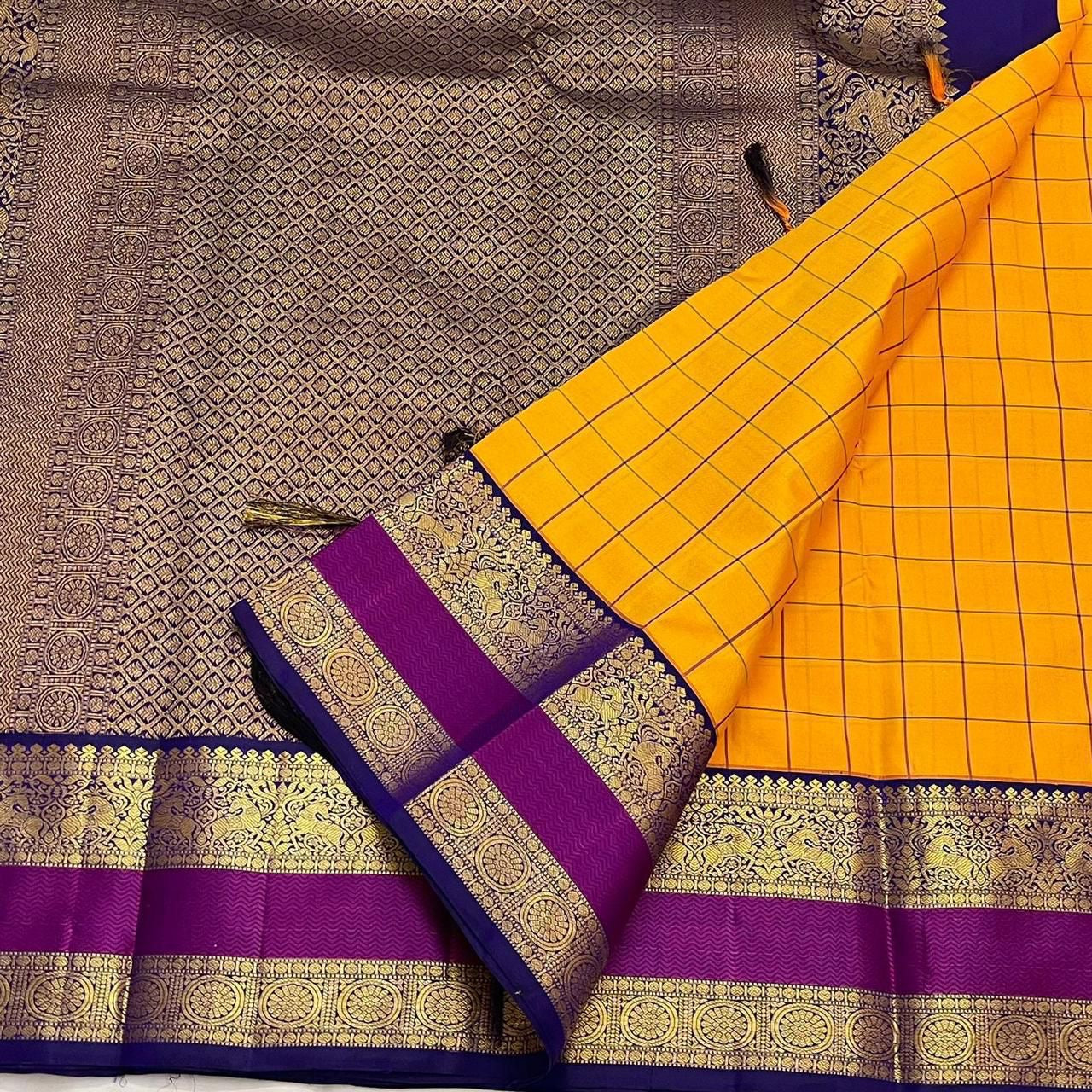 Classic Golden Yellow & Wine Berry 1gm Zari Elegance Kanchipuram Handloom Silk Saree SS24712