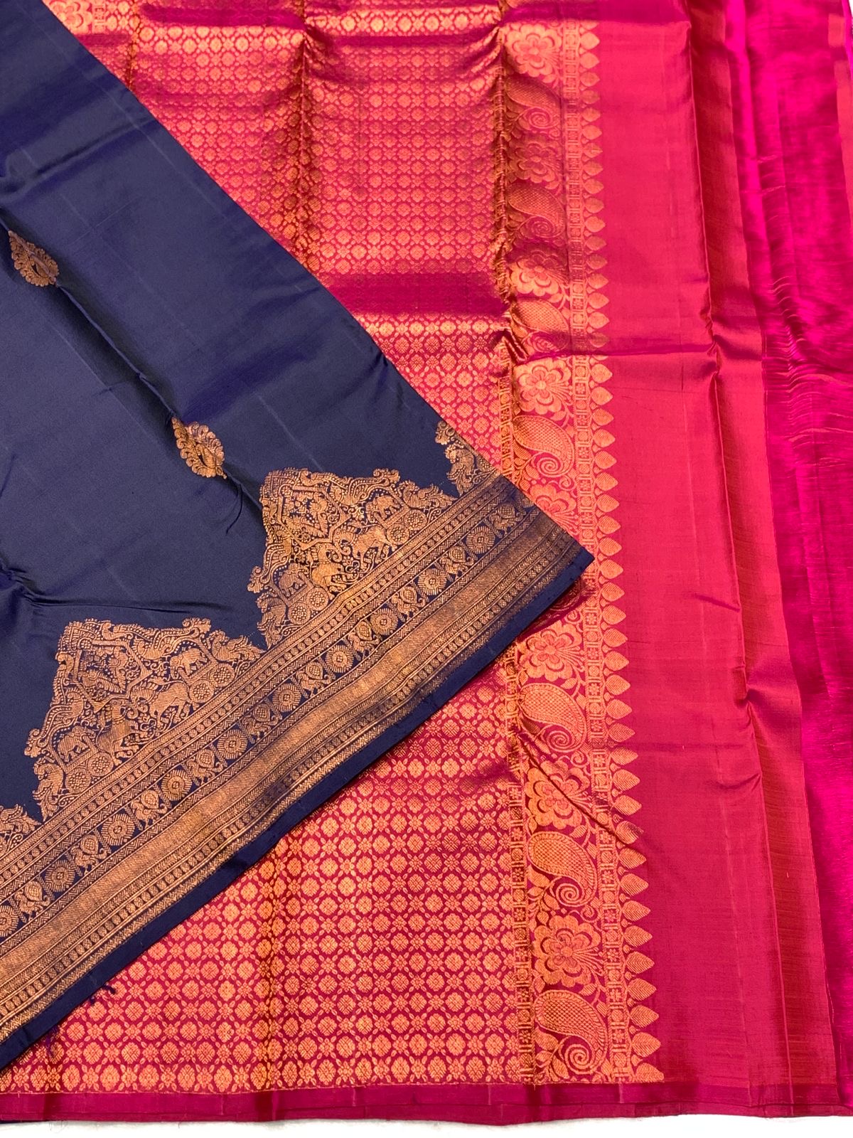 Classic Steel Blue & Deep Pink 2gm Zari Elegance Kanchipuram Handloom Silk Saree SS25444