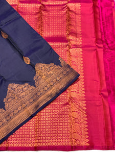 Classic Steel Blue & Deep Pink 2gm Zari Elegance Kanchipuram Handloom Silk Saree SS25444