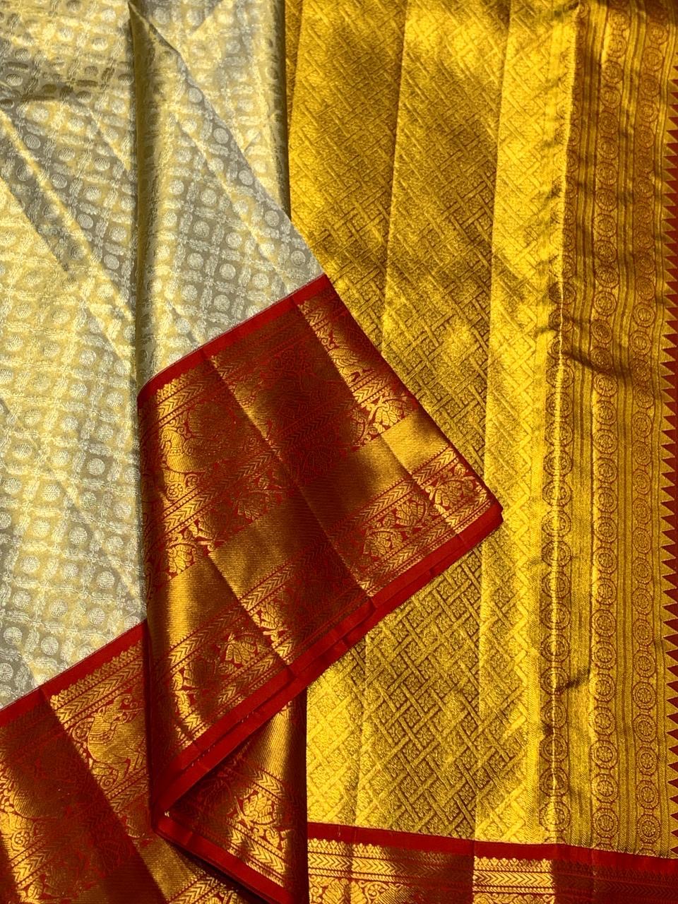 Classic Golden Cream & Red 2gm Zari Bridal Elegance Kanchipuram Handloom Silk Saree SS25281