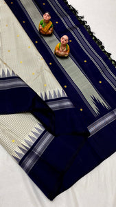 Classic Silver Grey & Navy Blue Kanchipuram Handloom Silk Saree SS26259