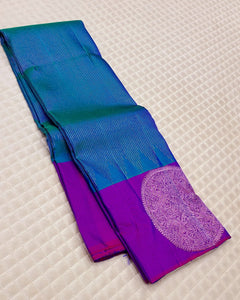 Classic Peacock Blue & Wine Purple 2gm Zari Kanchipuram Handloom Silk Saree SS26195