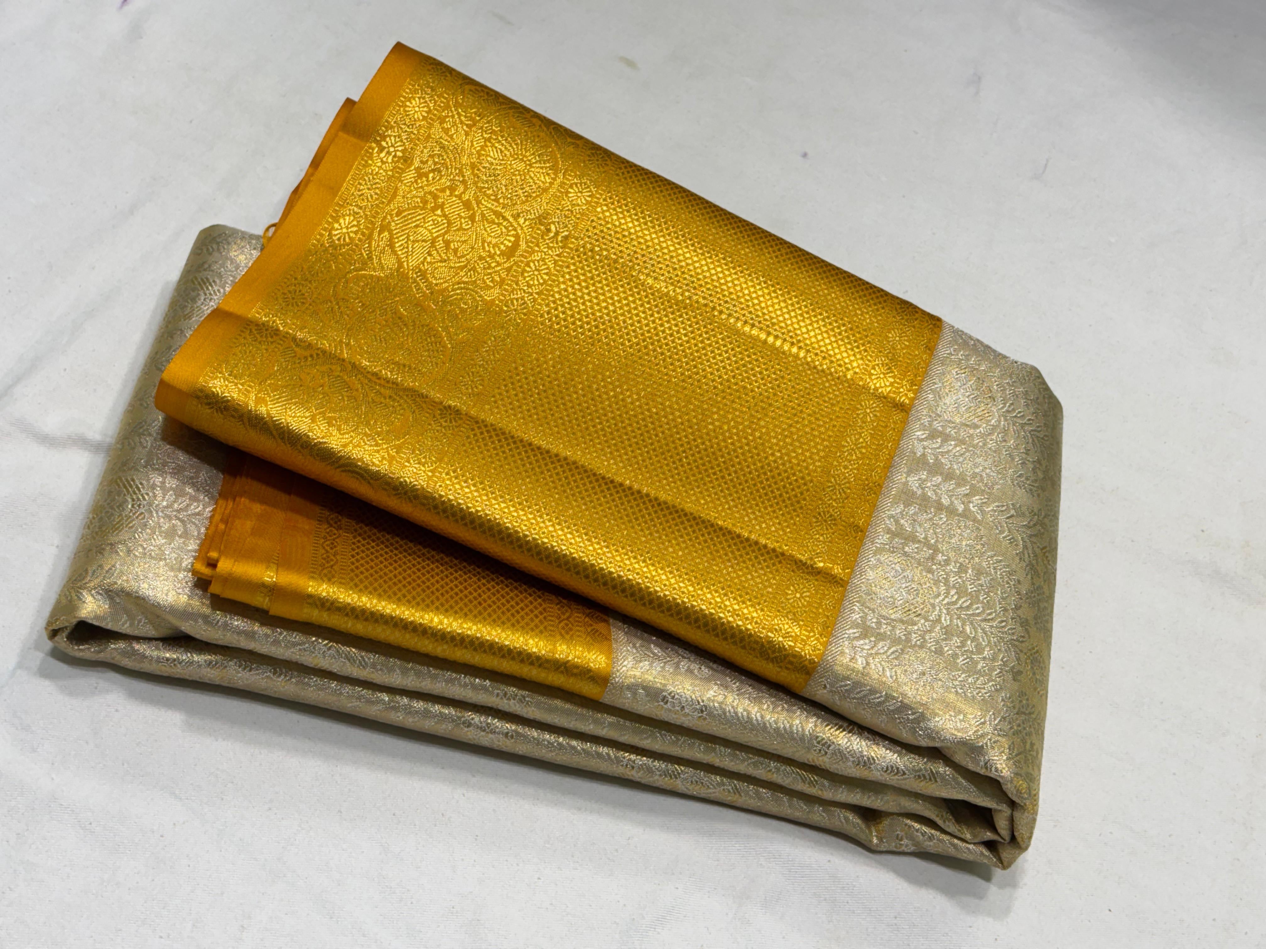 Classic Shimmer Pearl & Yellow Bridal Elegance Kanchipuram Tissue Handloom Silk Saree SS24181