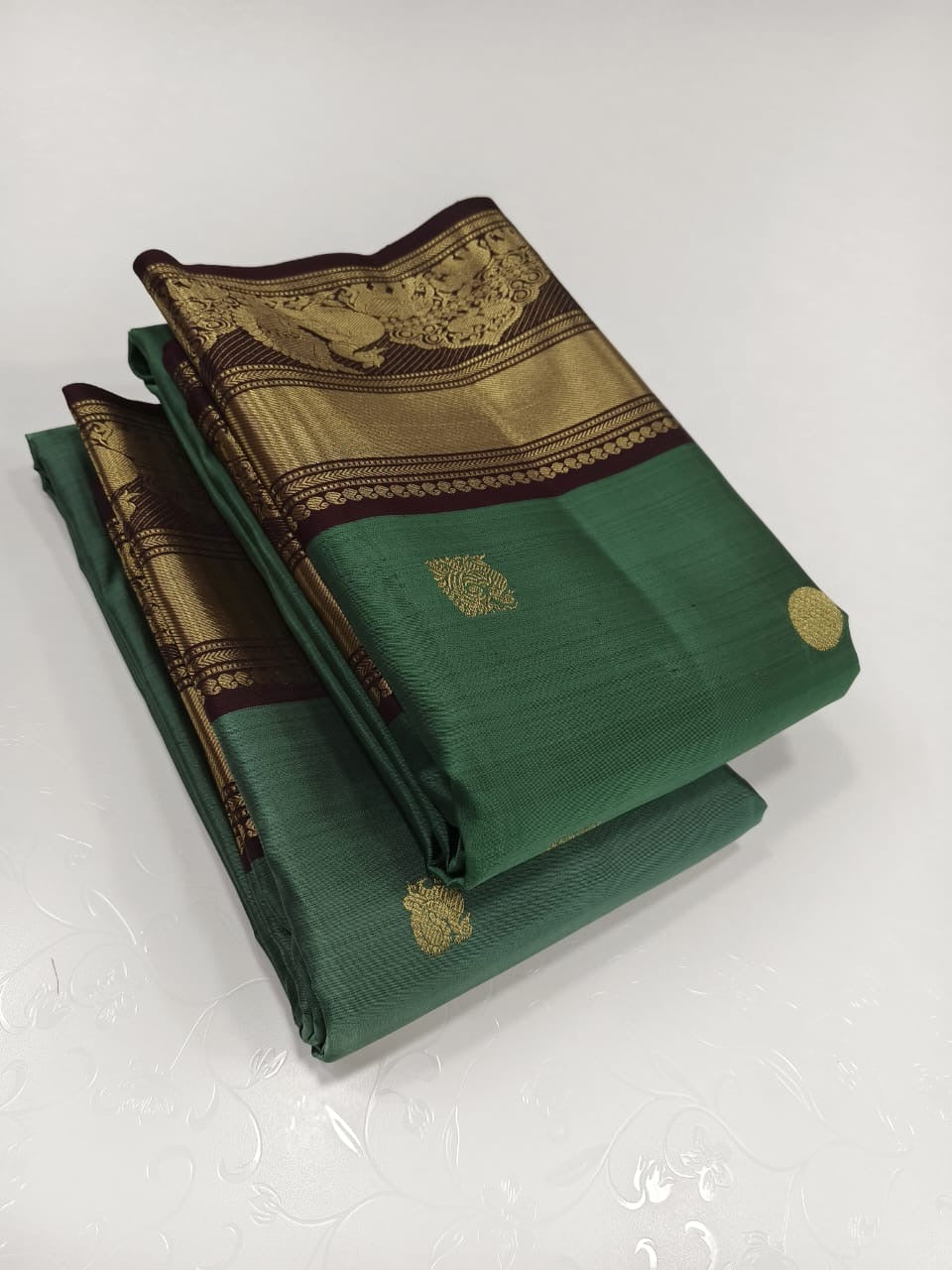 Classic Jade Green & Coffee Brown 2gm Zari Elegance Kanchipuram Handloom Silk Saree SS24655