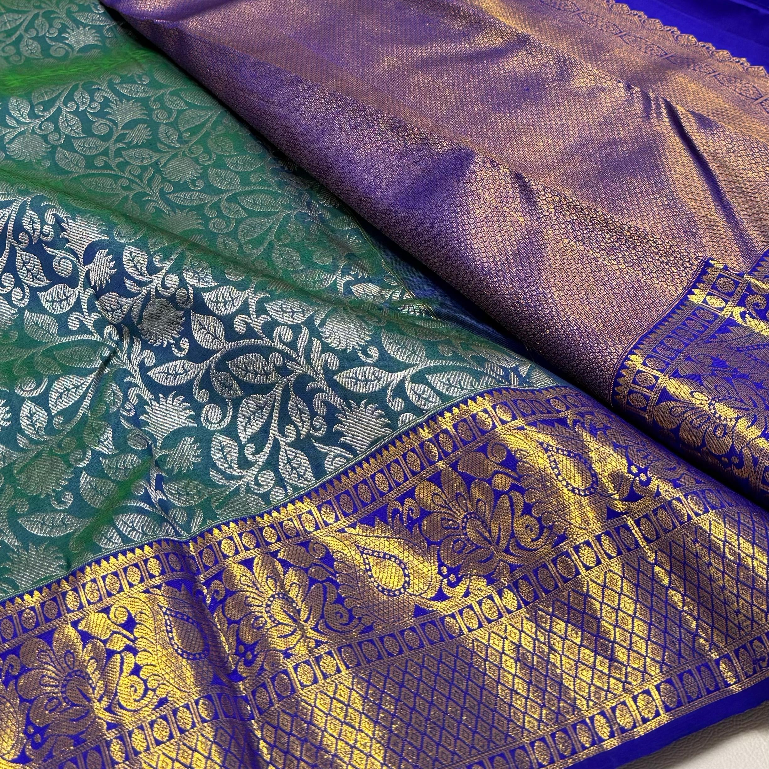 Classic Peacock Green & Robin Blue 1gm Zari Bridal Elegance Kanchipuram Tissue Handloom Silk Saree SS24632