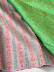 Classic Kelly Green & Pastel Mauve 2gm Zari Elegance Kanchipuram Handloom Silk Saree SS24128