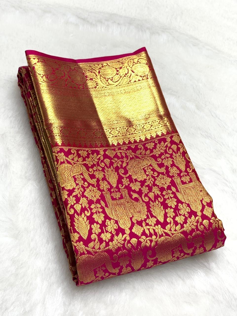 Classic Glow Pink 2gm Zari Bridal Elegance Kanchipuram Handloom Silk Saree SS25433